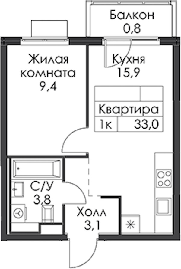 1-комнатная квартира 33 м², 13/24 эт., ЖК «Заречный парк»